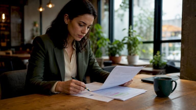 Woman reviewing ESG regulatory documents at desk
