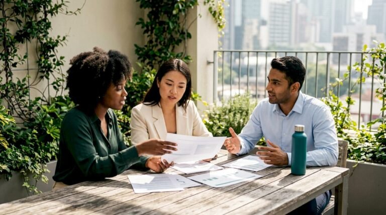 Team reviewing ESG compliance documents in boardroom