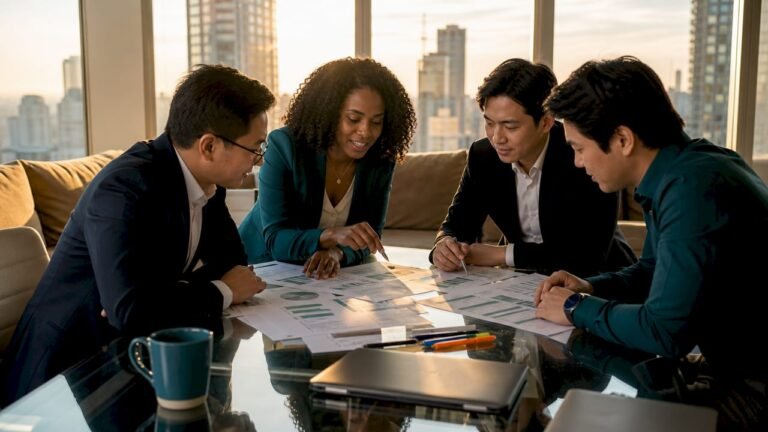 Finance team collaborating on ESG compliance budget