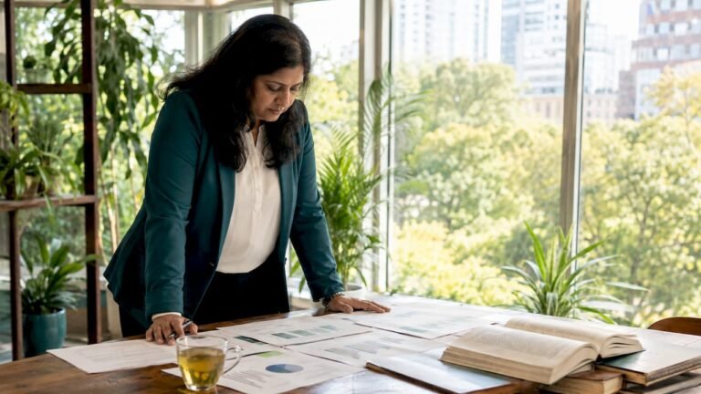 Woman reviewing sustainability reporting documents in office