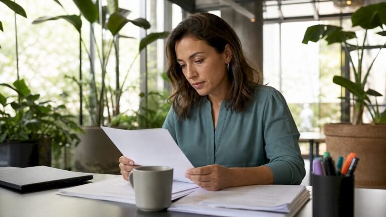 ESG compliance officer reviewing documents at desk