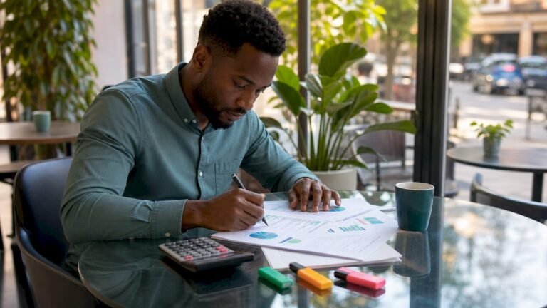 Financial analyst reviewing ESG compliance reports