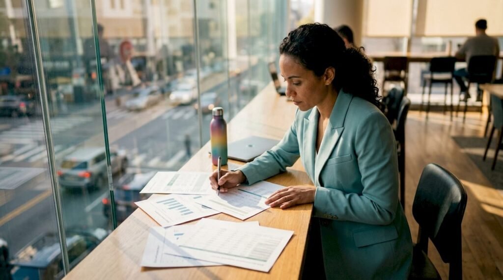 Woman reviewing ESG reports in boardroom