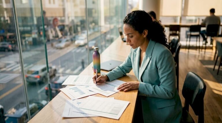 Woman reviewing ESG reports in boardroom