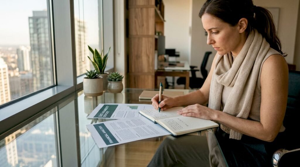 Financial analyst reviewing ESG and financial reports