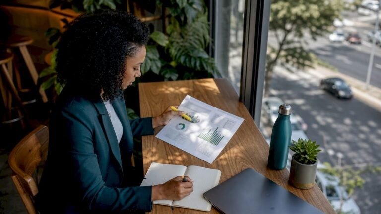 Finance professional reviewing ESG report documents