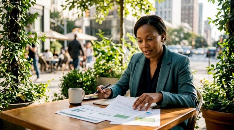 Professional woman reviewing sustainability reports