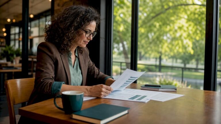 Woman reviewing ESG compliance documents in boardroom