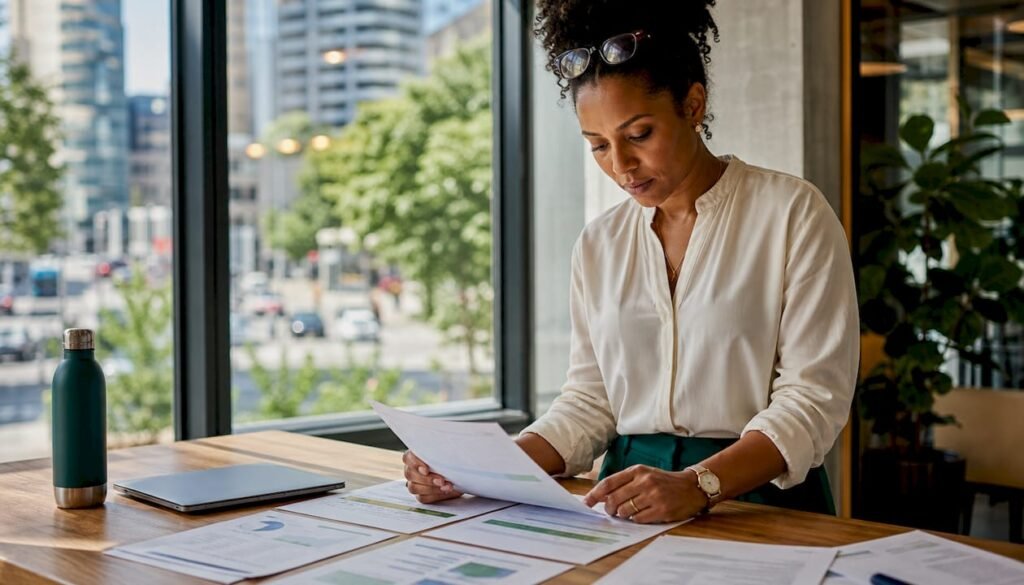 Sustainability analyst reviewing ESG documents at desk
