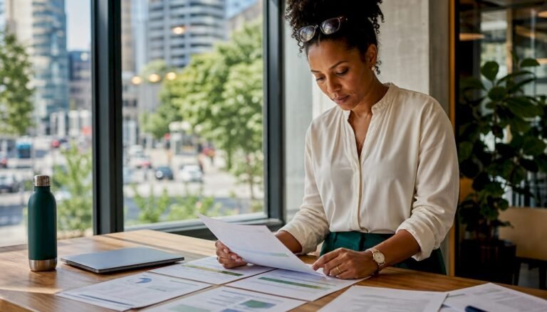 Sustainability analyst reviewing ESG documents at desk