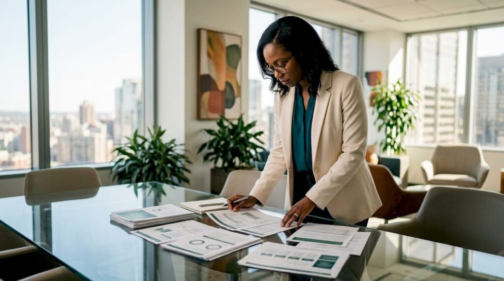 Finance leader reviewing ESG reports in office