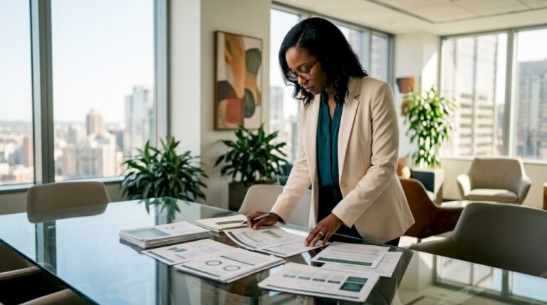 Finance leader reviewing ESG reports in office