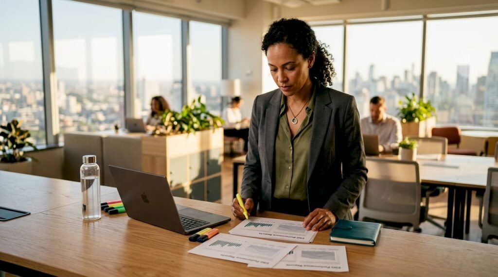 Executive reviewing ESG performance reports in boardroom