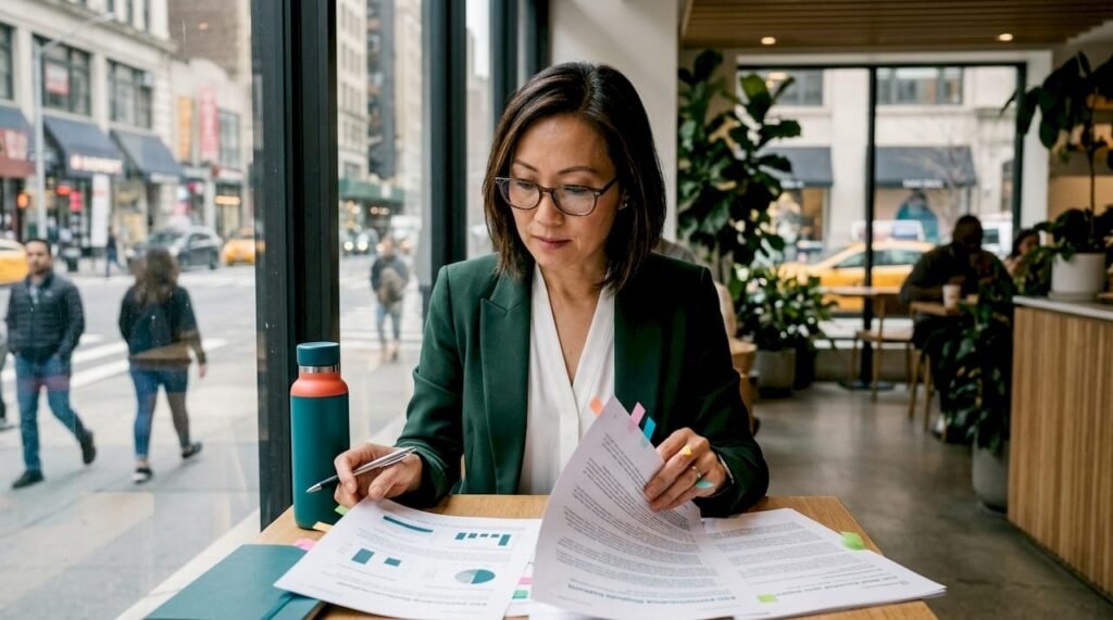 Investor relations specialist reviewing ESG reports