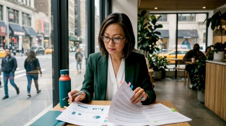 Investor relations specialist reviewing ESG reports