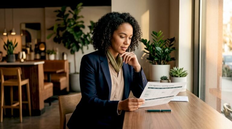 Woman reviewing ESG reporting calendar at office desk