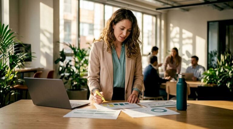 ESG analyst reviewing multi-framework reporting documents