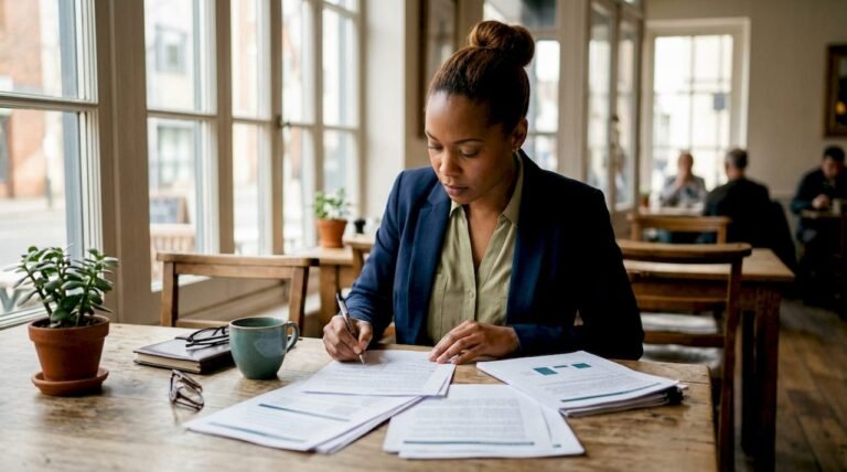 ESG analyst reviewing risk reporting documents at desk