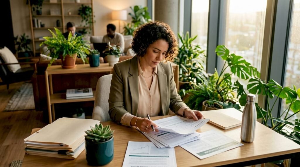 Woman reviewing ESG compliance documents at office desk