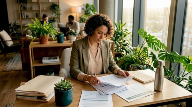 Woman reviewing ESG compliance documents at office desk