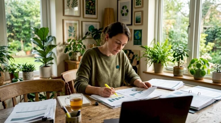 ESG analyst reviewing manual reports at desk